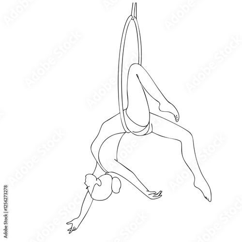 Graceful aerialist performs on a suspended hoop, displaying balance, strength, and flexibility. This minimalist line art vector illustration represents aerial acrobatics, circus arts, fitness