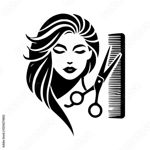 "Silhouette of a Woman with flowing hair, scissors, and comb"