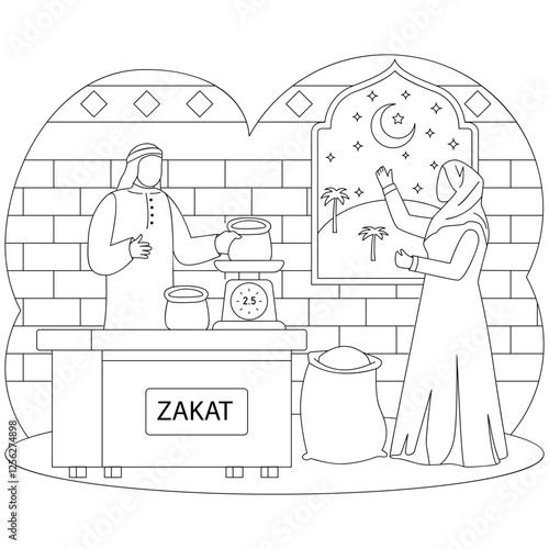 Sharing Blessings in Night of Charity vector icon design, Ramadan and Eid al-Fitr outline, Muslim fasting month scene Arabic holidays illustration Couple calculating their Zakat Money together concept