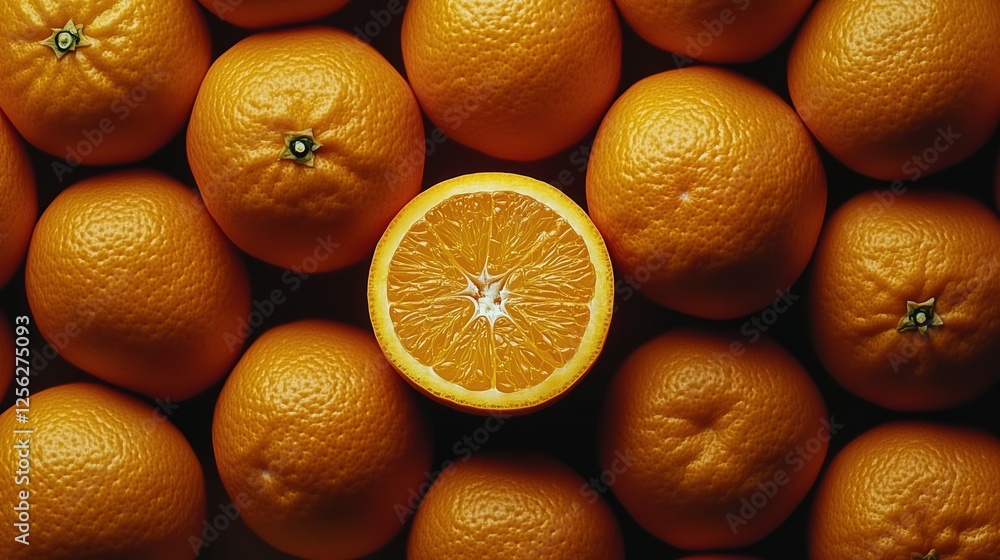 Closeup of a halved orange on top of a vibrant arrangement of whole oranges Closeup of a halved orange on top of a vibrant arrangement of whole oranges