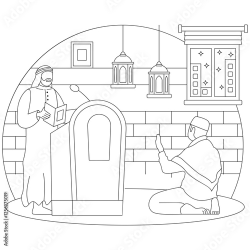 Public preaching on formal occasion vector Icon design, ramadan and Eid al-Fitr outline, Muslim fasting month sketch, Arabic holidays illustration, Khatib wearing thawb during a Friday prayer concept