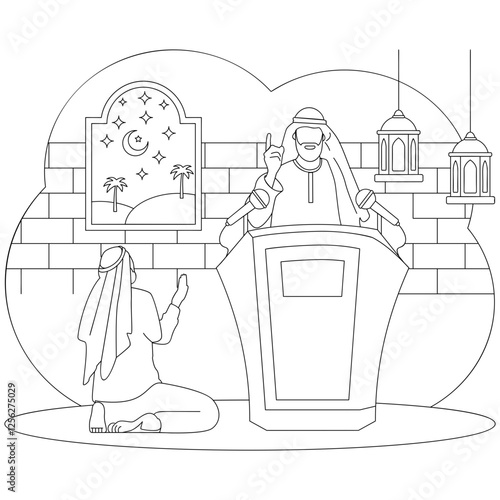 Beard man gesturing with his right index finger One god vector Icon design, ramadan and Eid al-Fitr outline, Muslim fasting month sketch, Arabic Scholar giving Lecture in religious ambiance concept