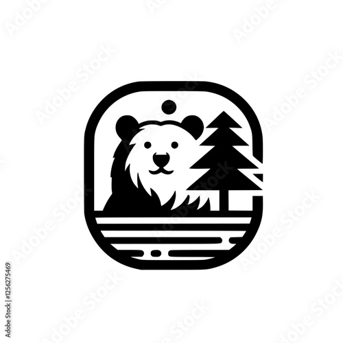 Simplified black and white icon of bear gazing at pine tree