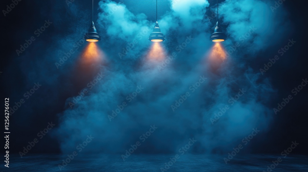 Obraz premium Dramatic stage lighting with blue smoke and orange highlights creating an atmospheric backdrop
