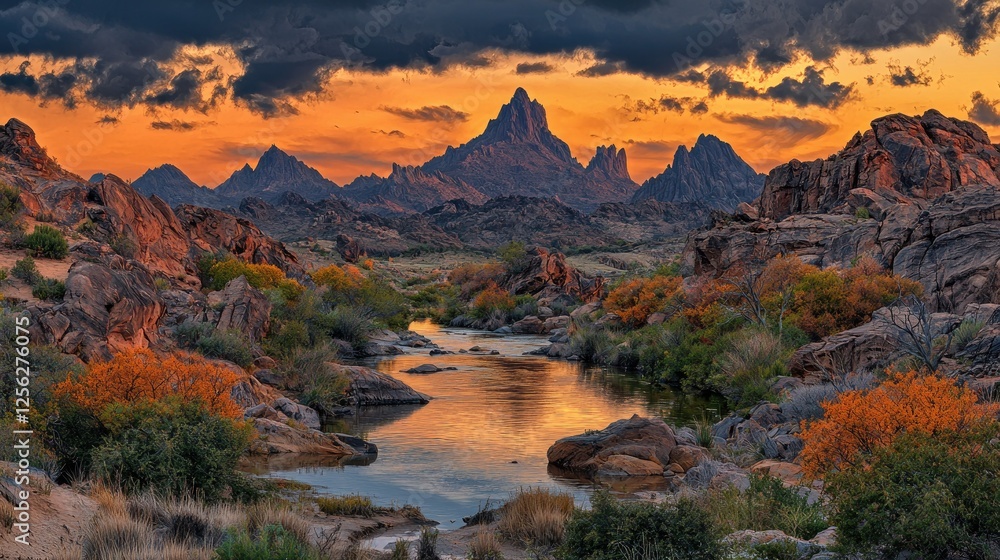 Majestic Mountains Sunset River Landscape Scene Majestic Mountains Sunset River Landscape Scene