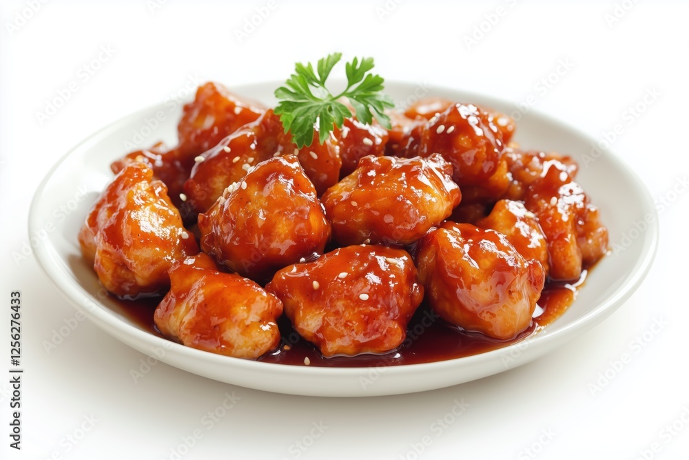 Honey glazed chicken on plate isolated on white background for delicious culinary presentation Honey glazed chicken on plate isolated on white background for delicious culinary presentation