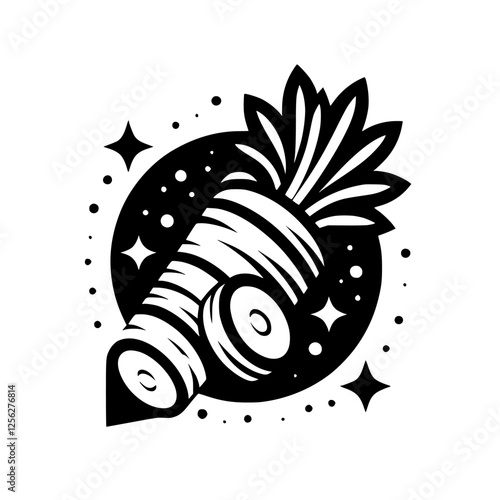 Parsnip Rocket: Black & White Illustration of a Carrot Surrounded by Stars in a Circular Motif