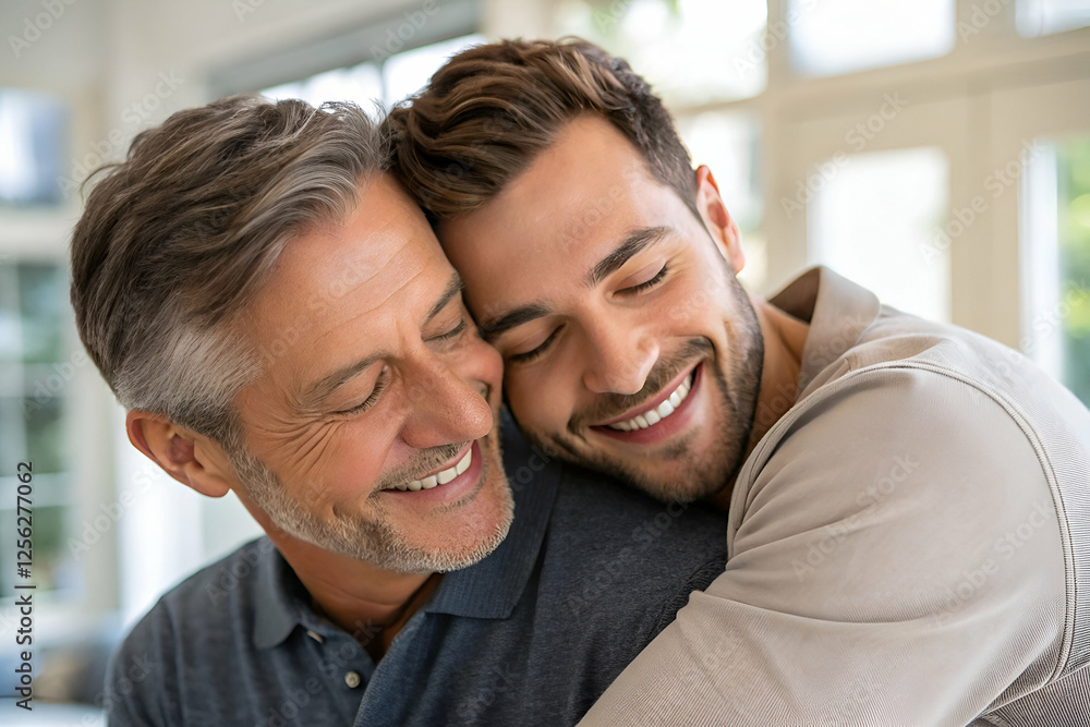 Fototapeta premium dad and son A joyful moment between a father and son, sharing a warm embrace and smiles, showcasing love and connection in a bright, cozy setting.