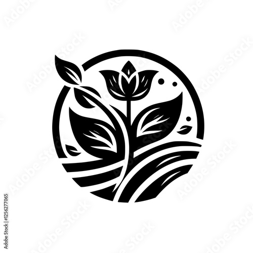 A stylized floral composition featuring a plant, enclosed within a circle, set against a white background.