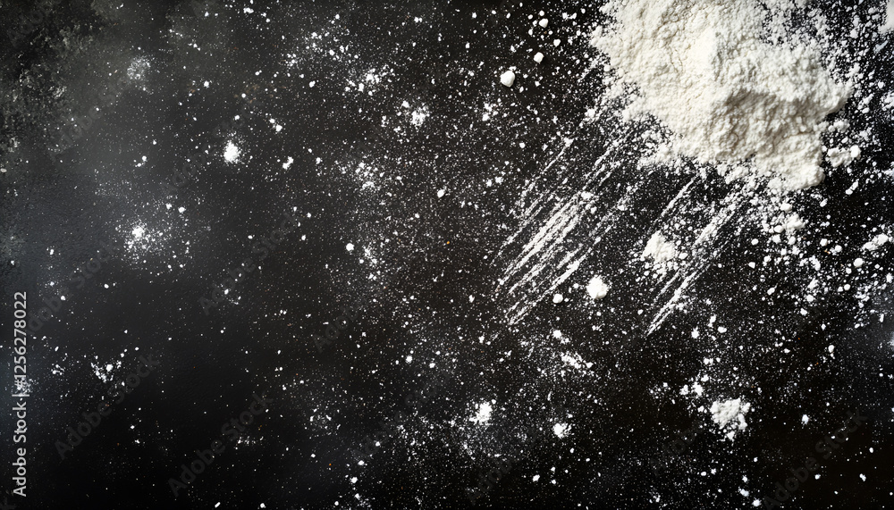 Obraz premium Scattered flour on black table, top view