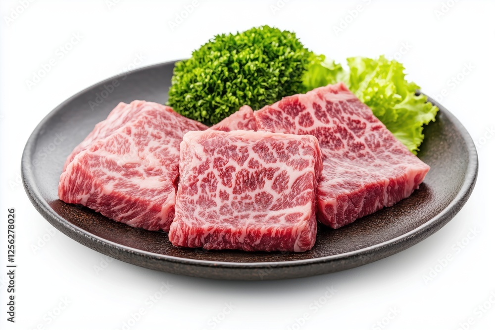 Raw wagyu beef on a plate isolated on white background with fresh garnish