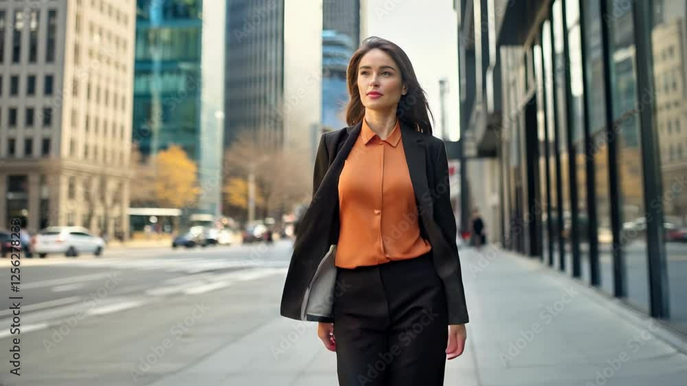 Businesswoman walking down downtown financial district. wealthy rich successful businesswoman walking in big city modern skyscrapers street on sunset thinking of successful future Businesswoman walking down downtown financial district. wealthy rich successful businesswoman walking in big city modern skyscrapers street on sunset thinking of successful future