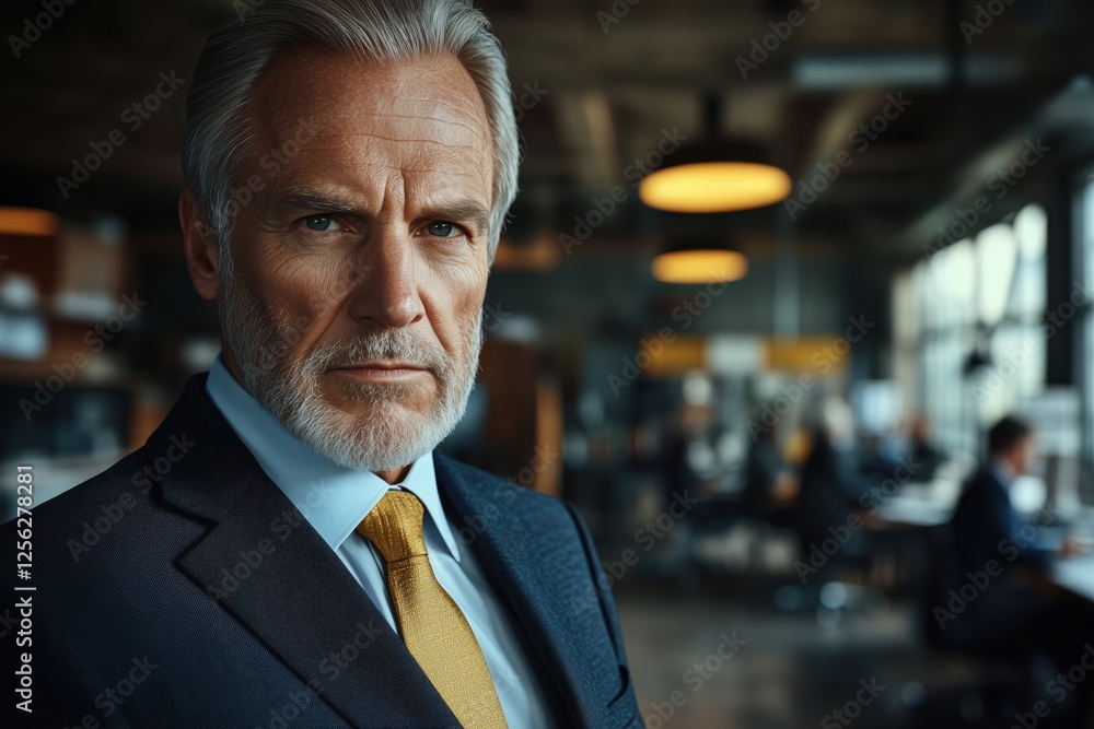 Fototapeta premium Businessman in a modern office setting with a serious expression, showcasing confidence and professionalism during work hours