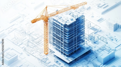 BIM services diagram illustrating construction processes on a white background showing a building project with a crane