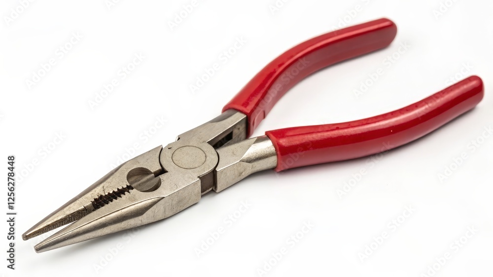 Needle-nose pliers, red handles, white background Needle-nose pliers, red handles, white background