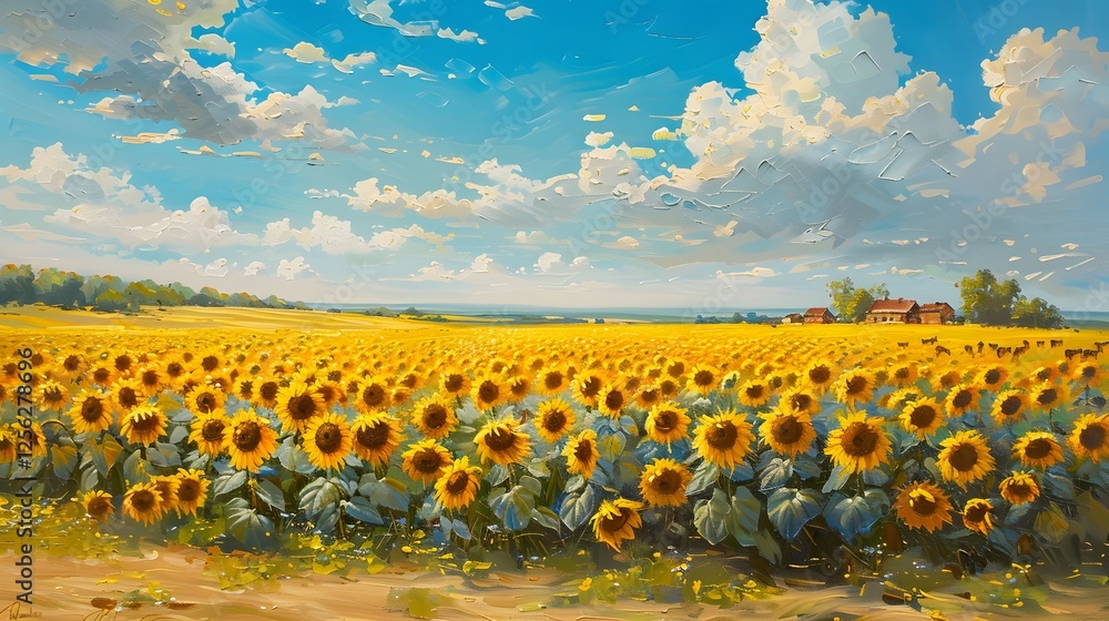 Obraz premium The canvas reveals a sunflower field stretching to the horizon, golden blossoms swaying under a brilliant blue sky, a rustic farmhouse in the distance