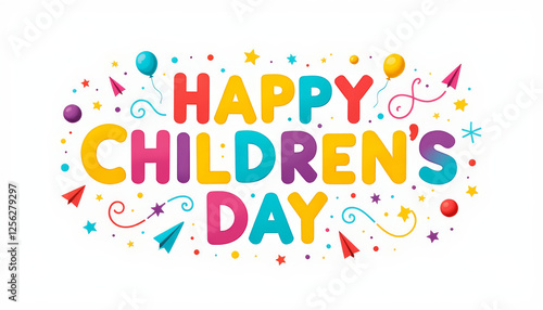 Happy Children's Day celebratory text with colorful decorations