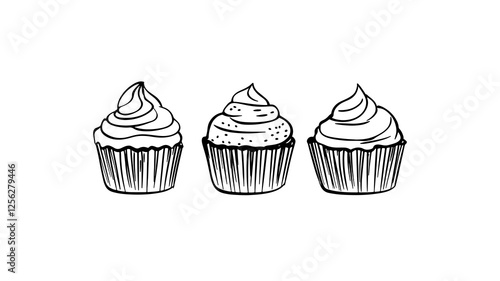 Three cupcakes illustration. Cream topping and decorative sprinkles feature. Ideal food blog bakery design element. Hand-drawn sketch style