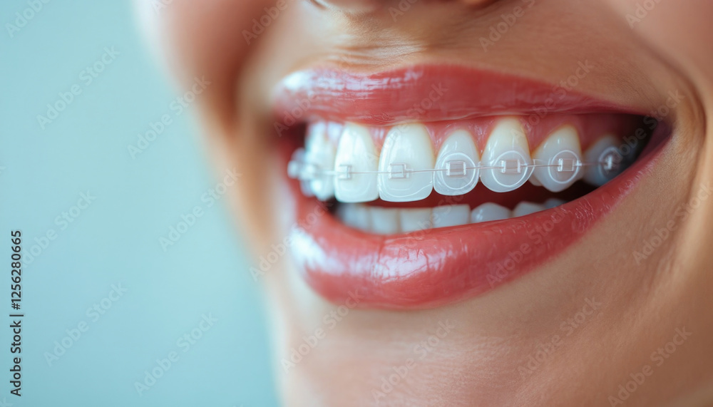 Fototapeta premium Close-up of smiling woman with clear braces on straight teeth