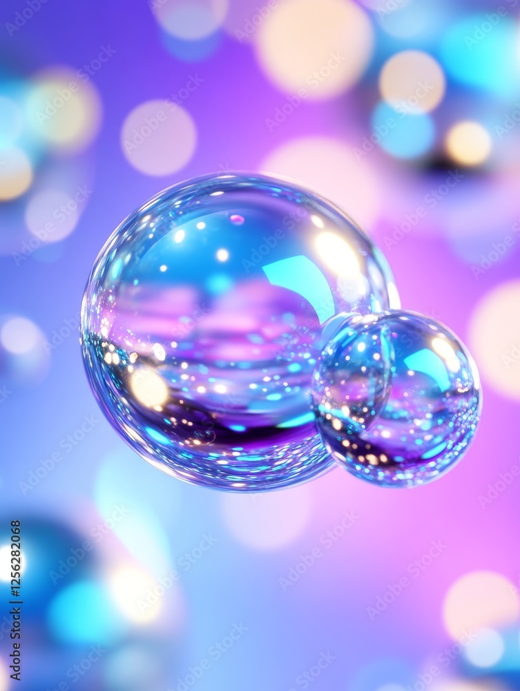 Iridescent Bubbles Abstract Background - Close-up of two iridescent bubbles with a bokeh background in shades of purple and blue Iridescent Bubbles Abstract Background - Close-up of two iridescent bubbles with a bokeh background in shades of purple and blue