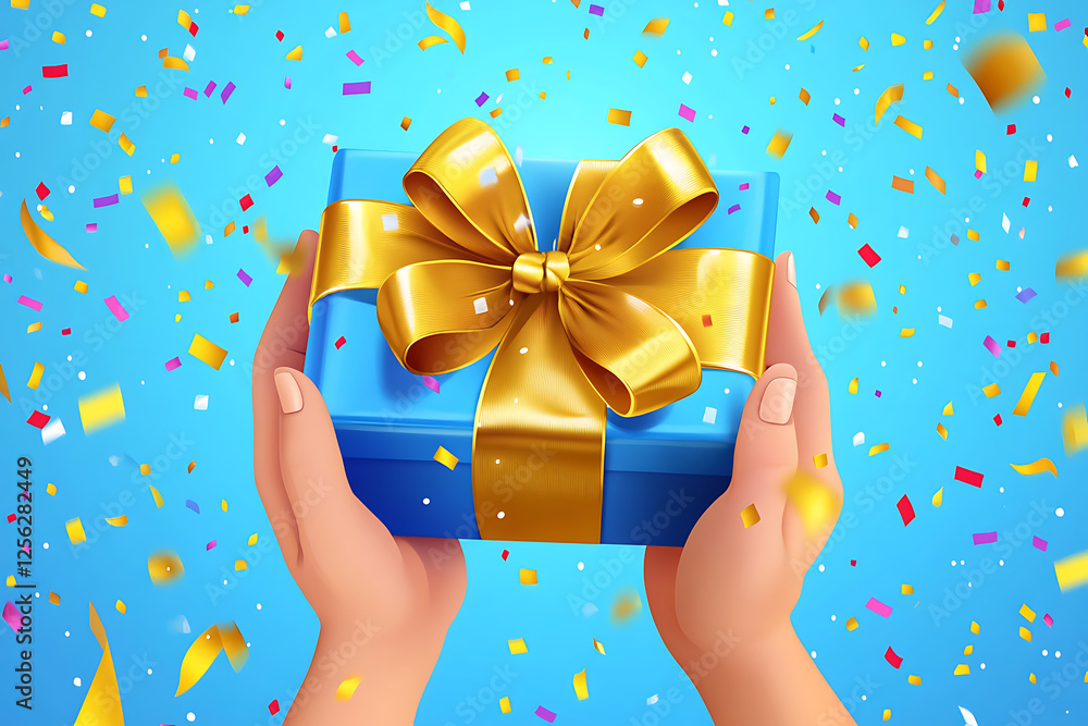 Hands holding a beautifully wrapped blue gift box with a golden ribbon, amidst colorful confetti falling in a festive atmosphere Hands holding a beautifully wrapped blue gift box with a golden ribbon, amidst colorful confetti falling in a festive atmosphere