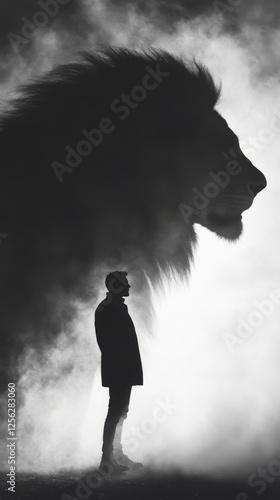 Person stands before wall, showcasing a lion shadow that embodies hidden strength and inner power. photo