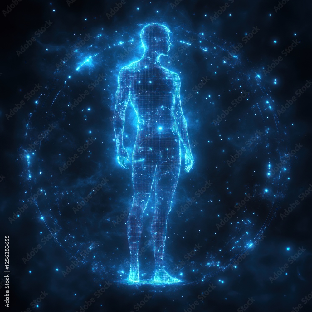 Abstract digital illustration of a human figure, glowing energy field, cosmic background Abstract digital illustration of a human figure, glowing energy field, cosmic background