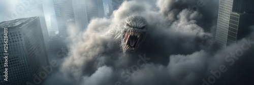 Giant monster with sharp claws rampaging through cityscape photo