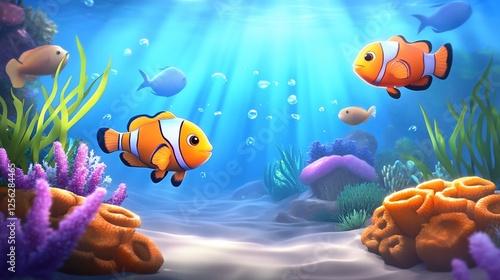 Colorful clownfish swim in underwater coral reef scene