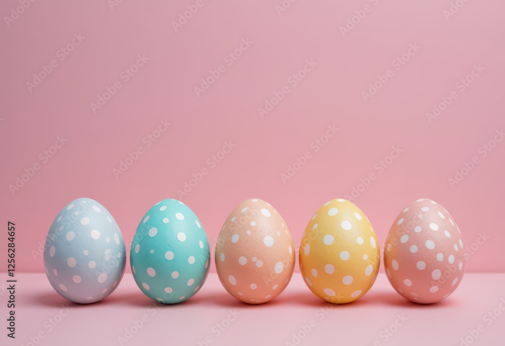Fototapeta premium Colorful polka dot Easter eggs on pink background.