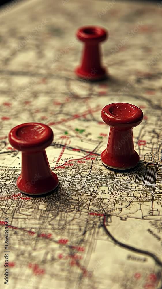 Mapping journey with red pins on a detailed map illustrating locations ...