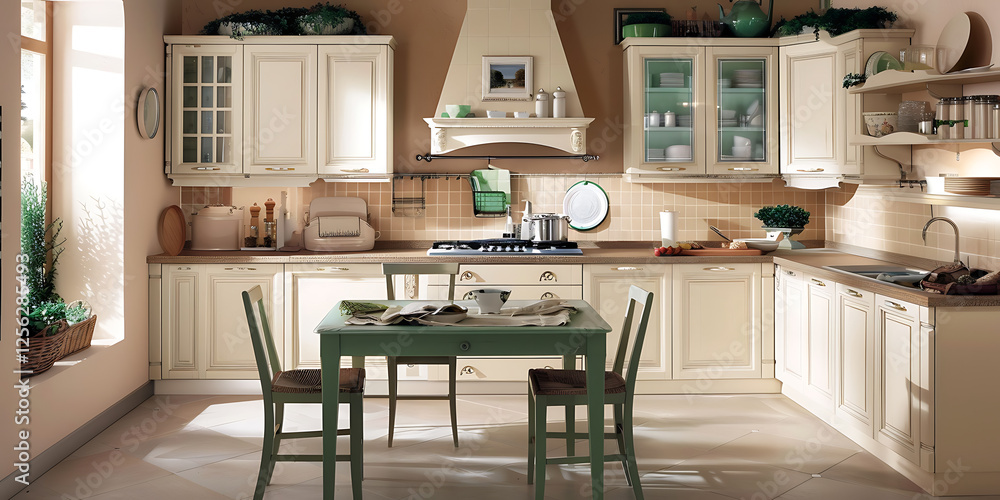 Fototapeta premium Bright Modern Kitchen with Cream Cabinets and Green Accents 