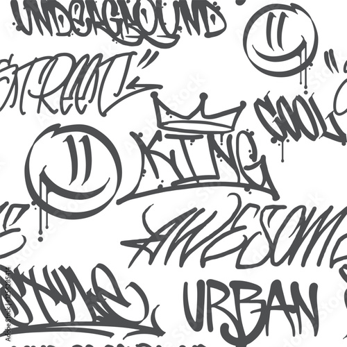 Seamless pattern of graffiti words, hand-draw tags