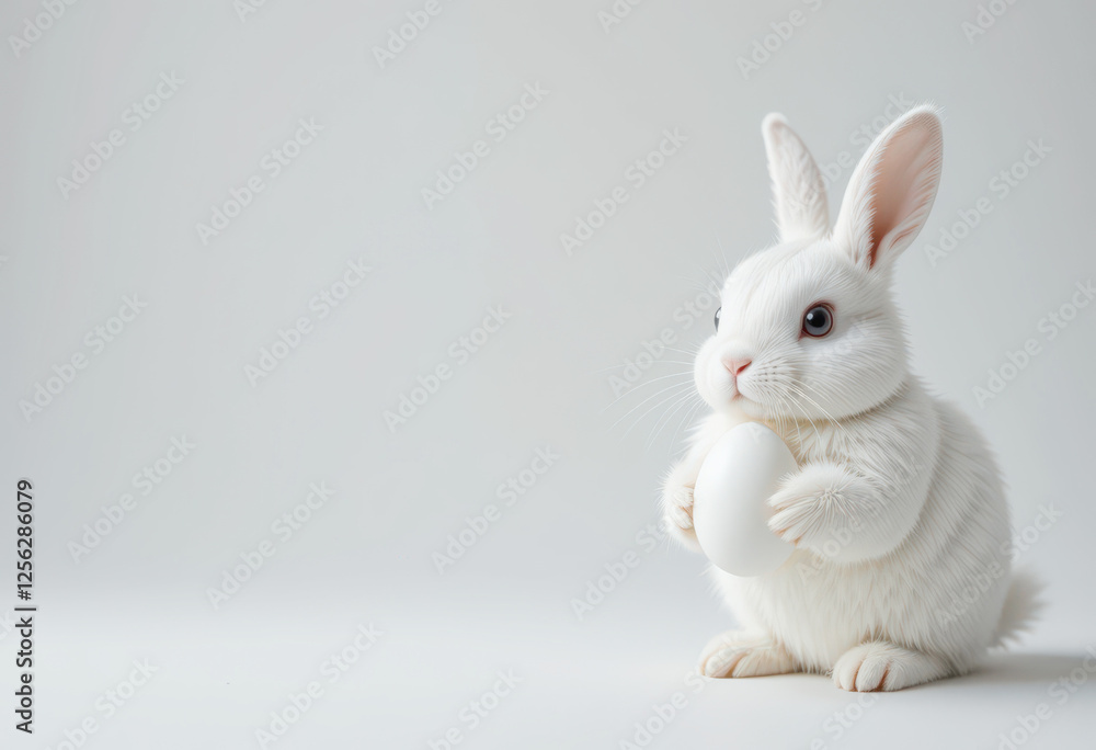 Fototapeta premium Cute white rabbit holding an egg on a minimalist background.
