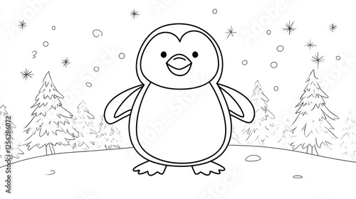 Cute Penguin Coloring Page Winter Scene photo