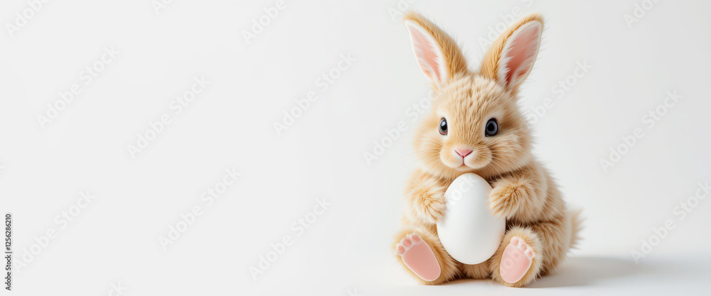 Obraz premium Fluffy bunny holding white egg on light background.