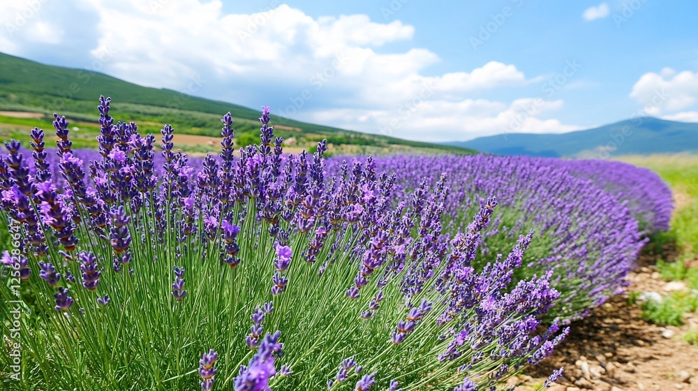 Naklejka premium Lavender field, rows of purple flowers, mountains in the background, scenic rural landscape