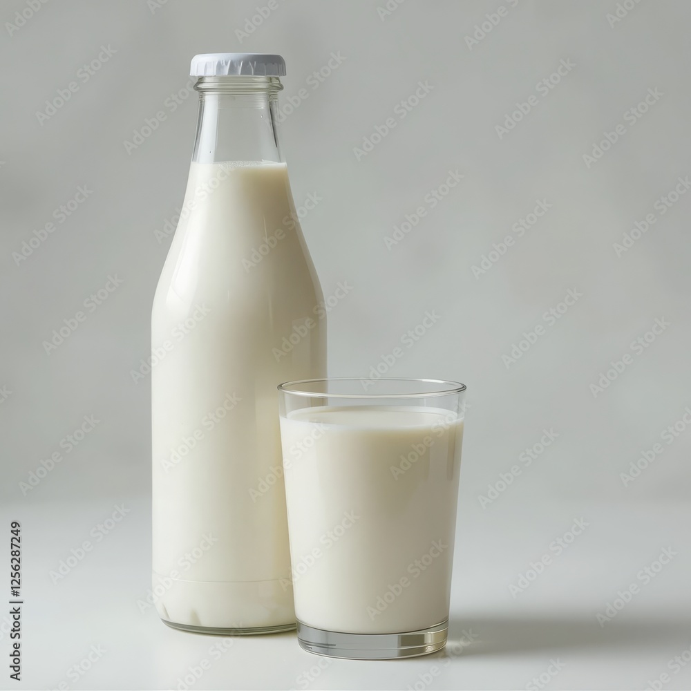 Glass Bottle and Cup of Fresh Milk, Nutritious Dairy Beverage for a Healthy Diet Glass Bottle and Cup of Fresh Milk, Nutritious Dairy Beverage for a Healthy Diet
