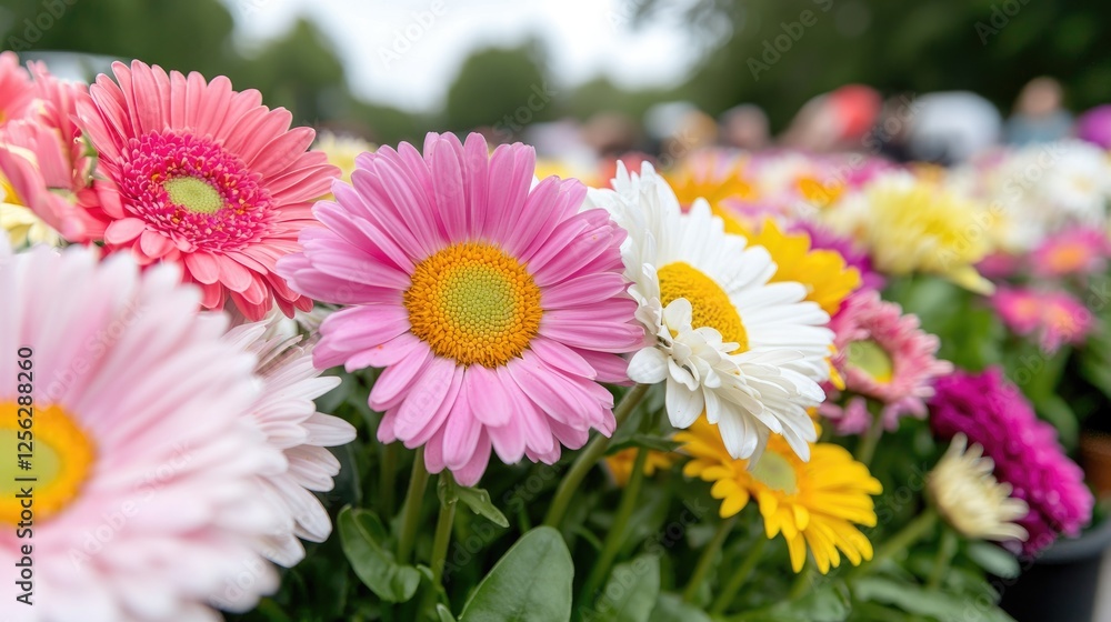 Fototapeta premium Colorful gerbera daisies in planters, city park, flowers, vibrant, spring