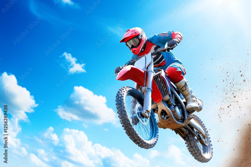 Motocross Rider Soaring Through the Sky - A motocross rider performs a spectacular jump against a vibrant blue sky, showcasing skill and excitement Motocross Rider Soaring Through the Sky - A motocross rider performs a spectacular jump against a vibrant blue sky, showcasing skill and excitement