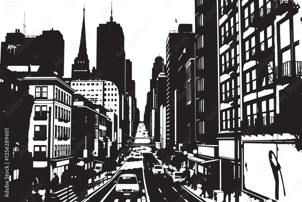 Obraz premium City landscape. Line urban backdrop. Different buildings on street, outline cityscape hand sketch, flat houses. Hand drawn vector illustration