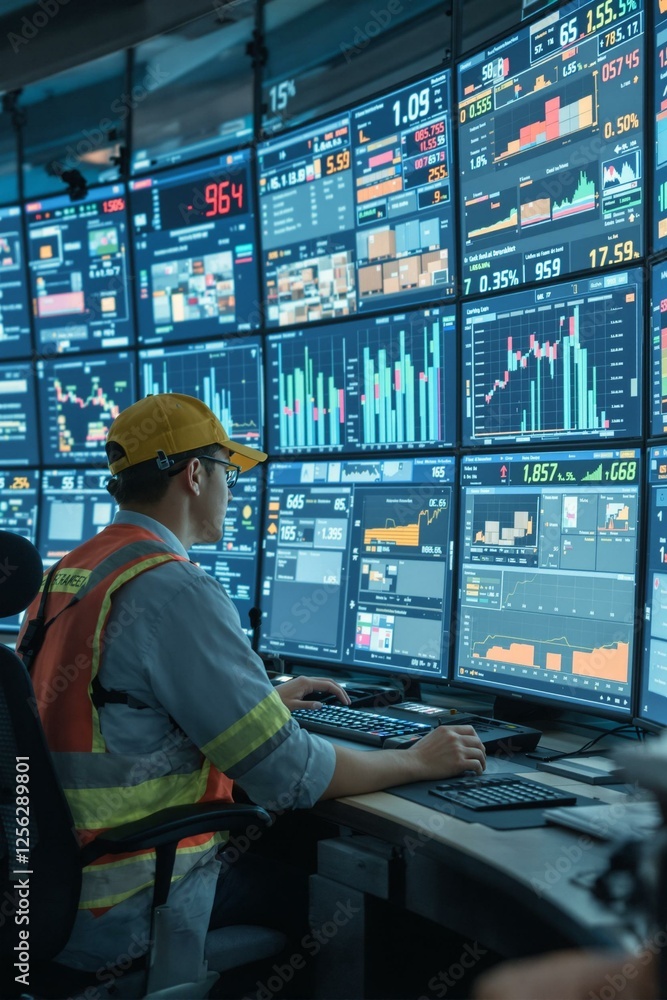 Strategic Logistics Manager Overseeing Digital Shipment Coordination in a High-Tech Control Room Strategic Logistics Manager Overseeing Digital Shipment Coordination in a High-Tech Control Room