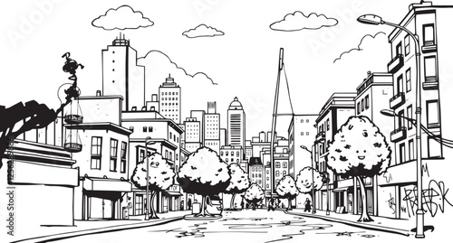 Wallpaper Mural City landscape. Line urban backdrop. Different buildings on street, outline cityscape hand sketch, flat houses. Hand drawn vector illustration Torontodigital.ca