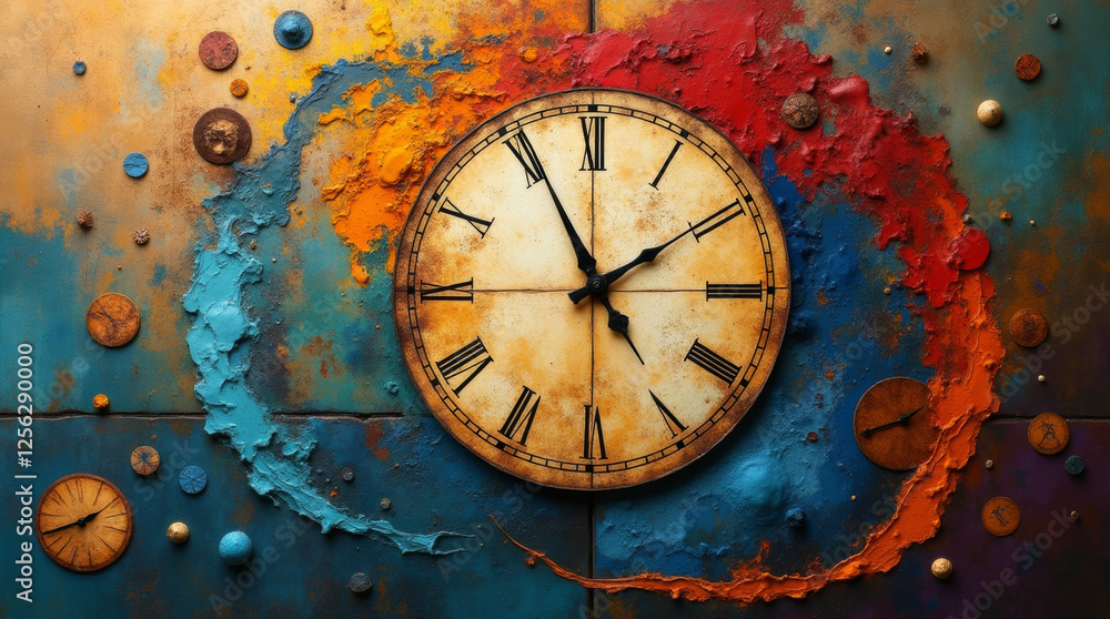 custom made wallpaper toronto digitalAbstract surreal wall clock on colorful background with paint strokes