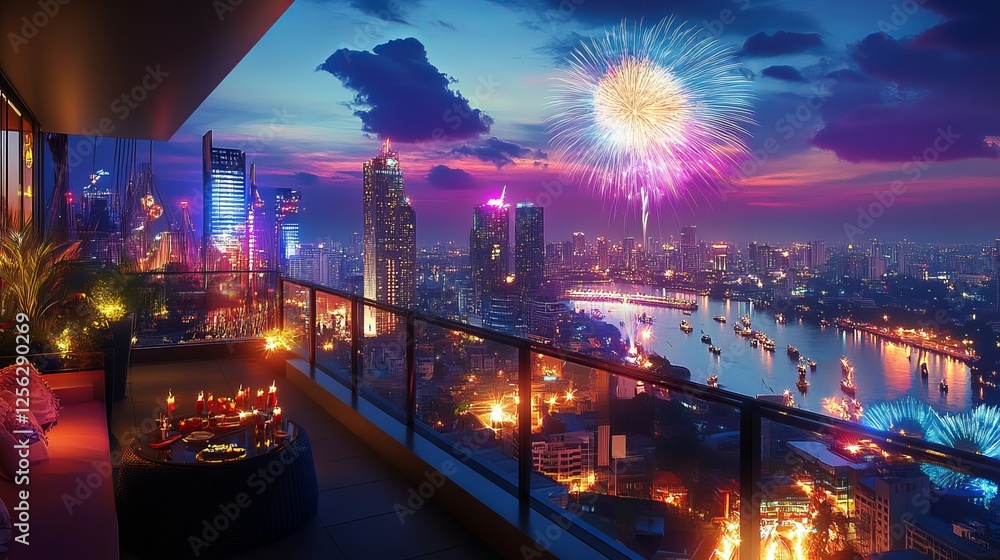 Obraz premium A rooftop balcony overlooks a vibrant city at night. Fireworks light up the futuristic cityscape during a birthday party.