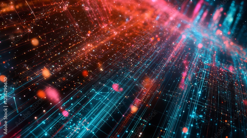 A smart city's network is shown with lines and dots, representing the connections of big data technology. A smart city's network is shown with lines and dots, representing the connections of big data technology.