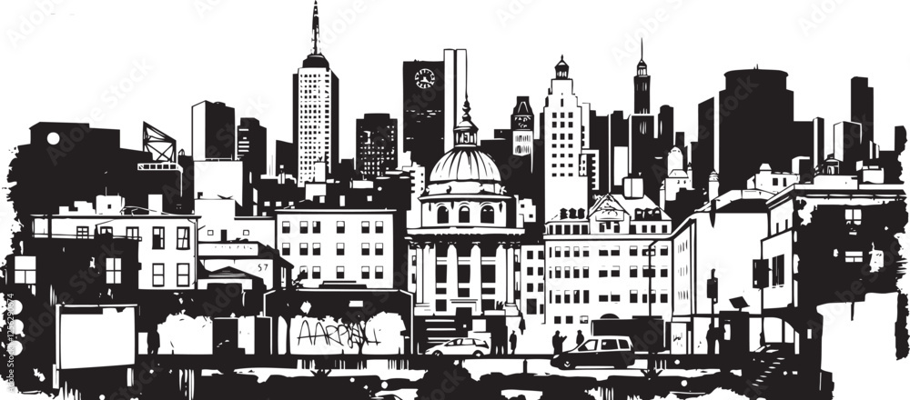 Obraz premium City landscape. Line urban backdrop. Different buildings on street, outline cityscape hand sketch, flat houses. Hand drawn vector illustration