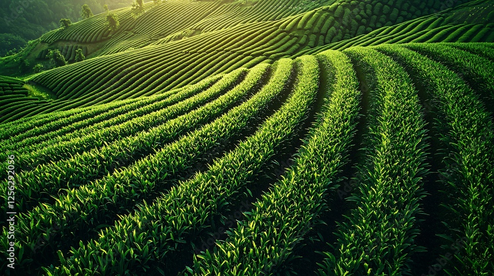 Fototapeta premium Sunrise over terraced green fields
