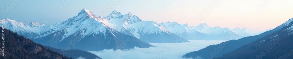 Obraz premium Mountain range with snow covered peaks and misty atmosphere, wilderness, sky, vast