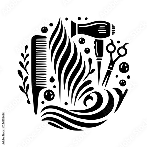 Silhouetted black and white circle illustrating the essence of hairstyling tools, including a comb, hair, hair dryer, scissors, and wavy lines.